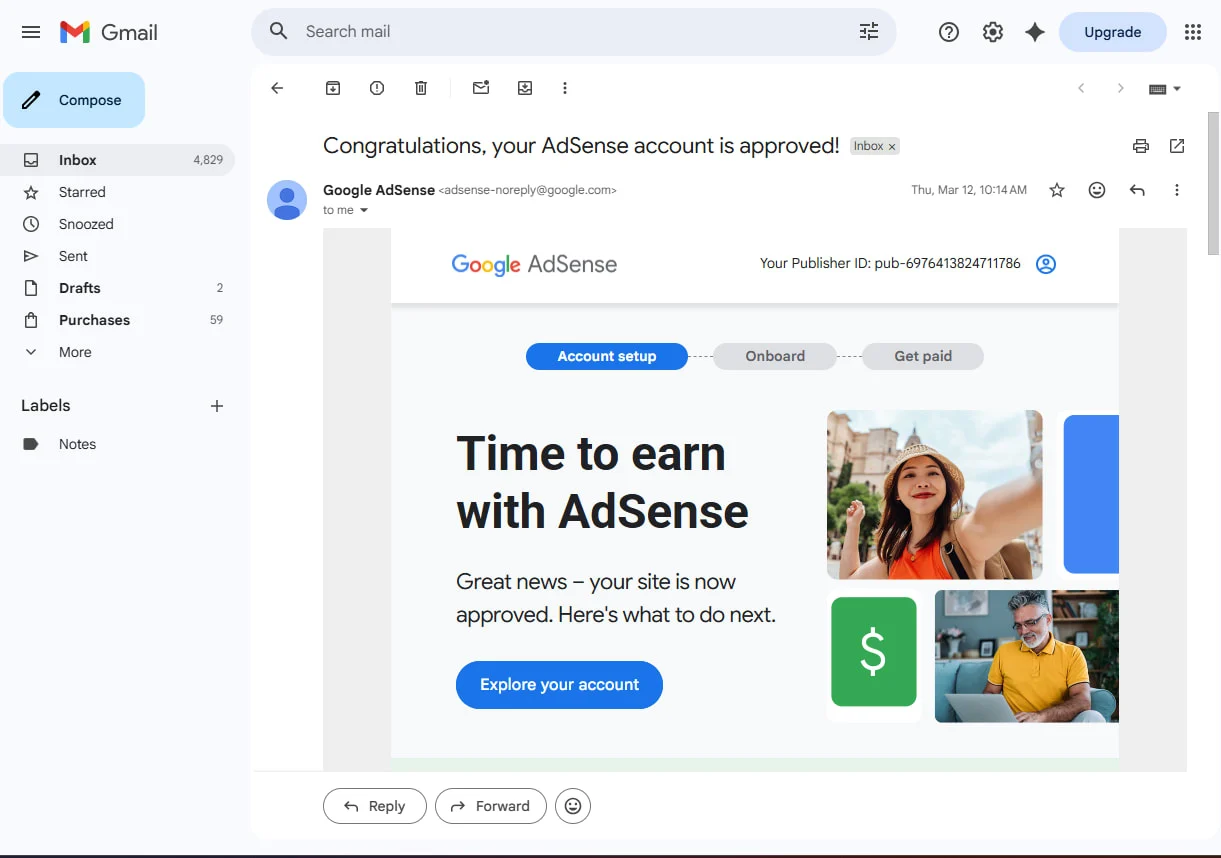 Google AdSense approval email confirming the blog was approved for ads